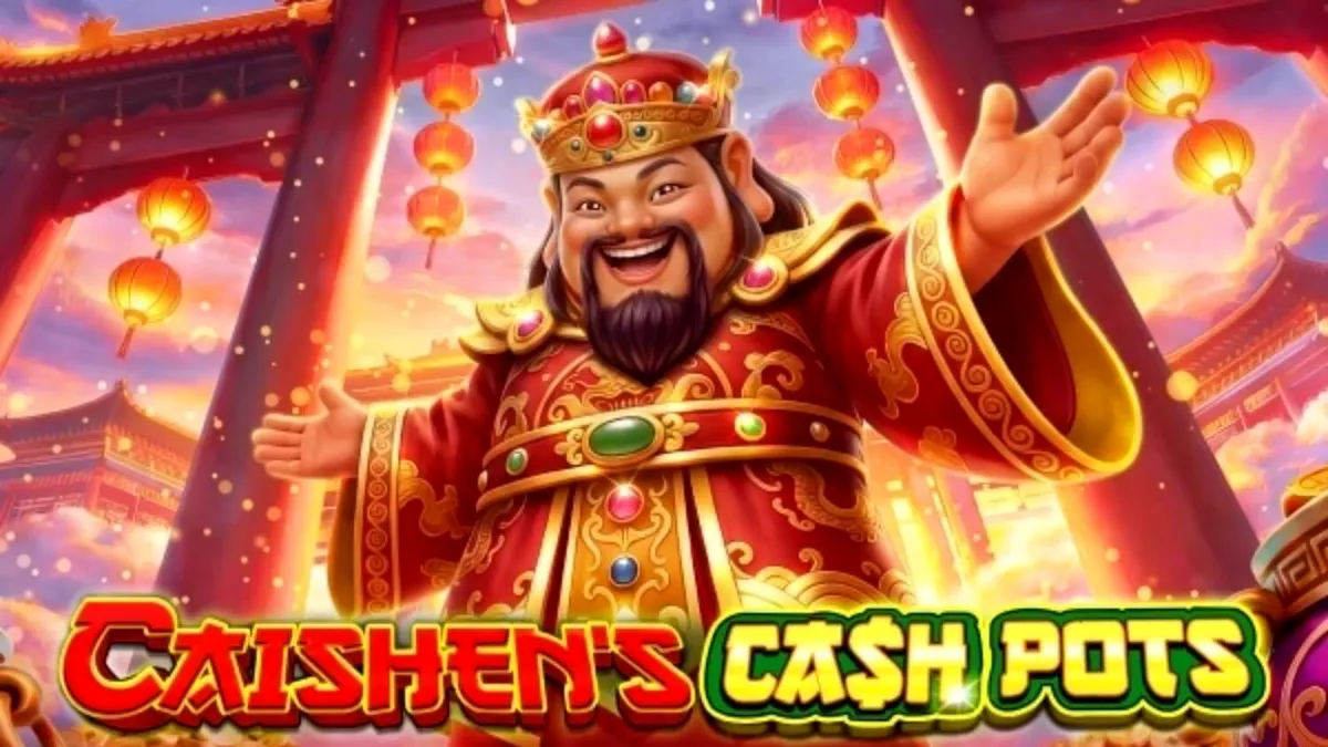 Caishen’s Cash Pots slot machine com símbolos de prosperidade e moedas de ouro